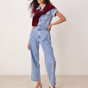 Abercrombie & Fitch Petite Denim Belted Jumpsuit, Blue Wash, MP